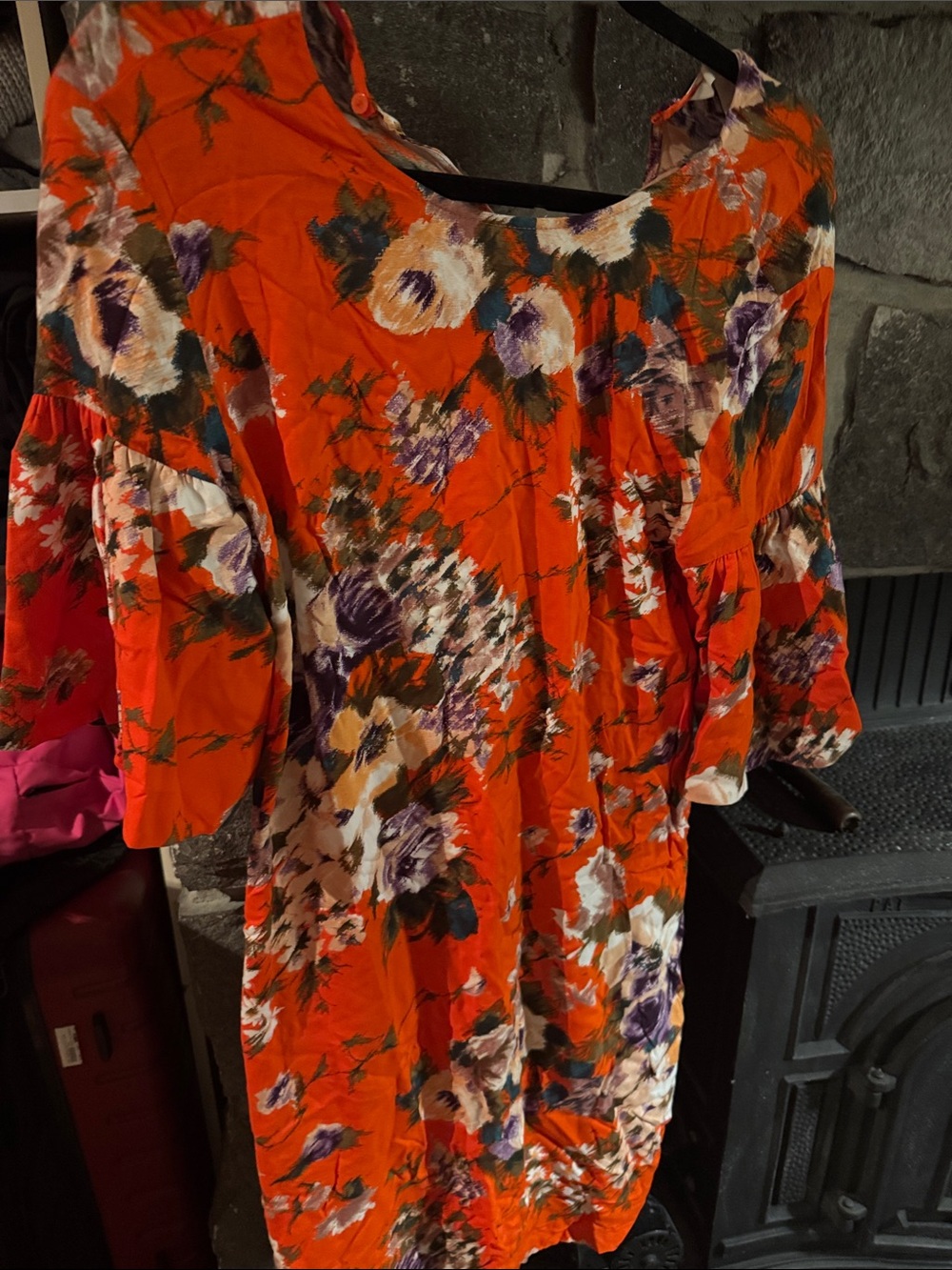 H&M Orange Floral Midi Dress with Purple and Cream Blooms